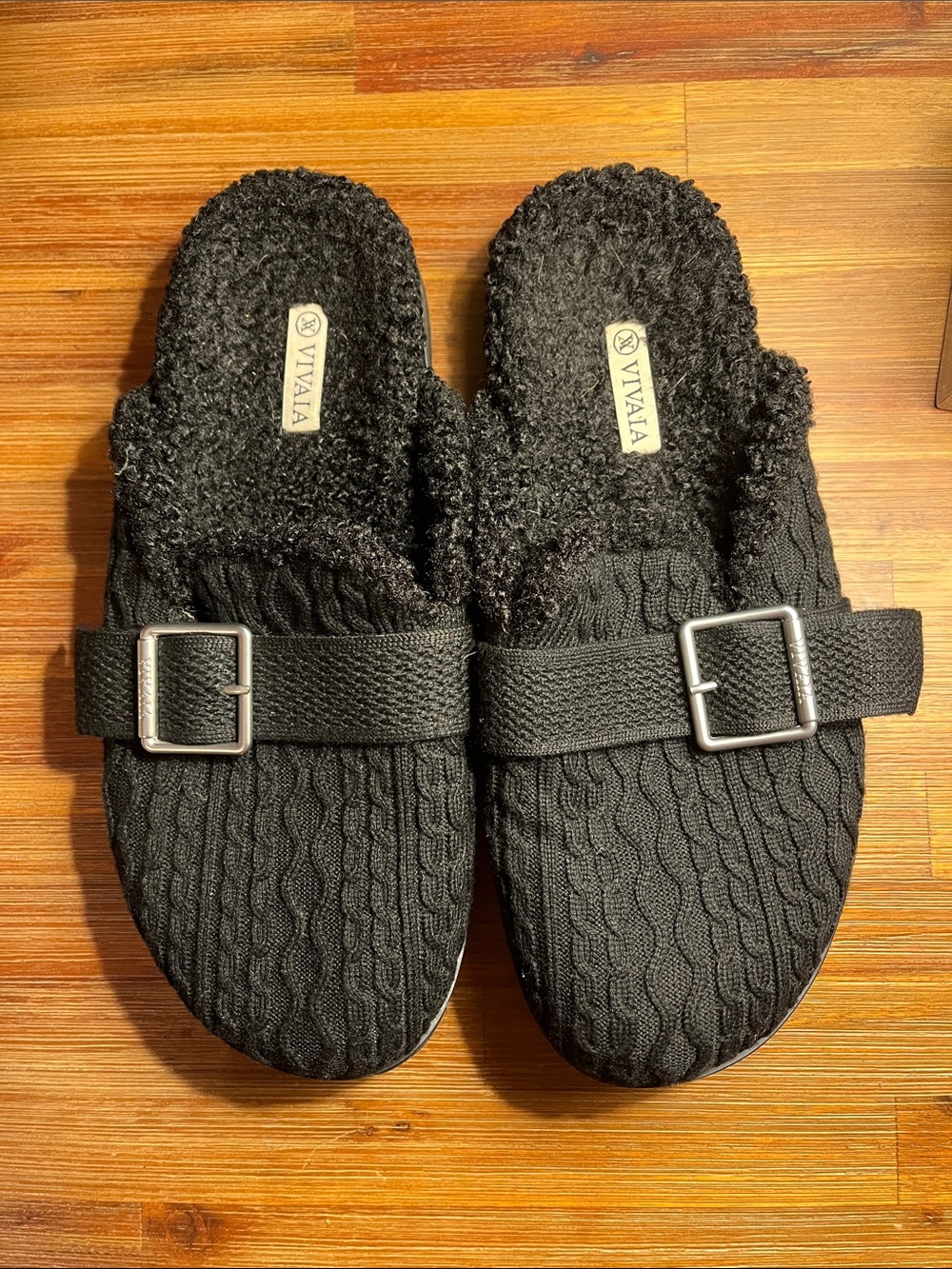 NEW Vivaia Round-Toe Hazel Wool Mule Slippers Black Size 39 Cable Knit slip on